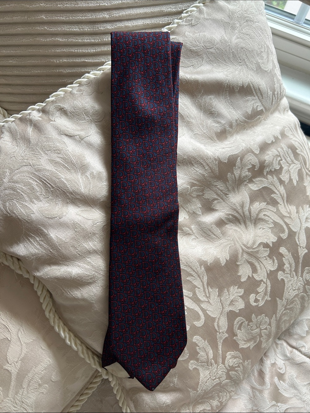 7063. Vintage Christian Dior Cravates Navy Red Monogram Silk Tie USA